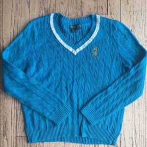 Ralph Lauren Turquoise Cable-Knit V-Neck Sweater with White Trim Size Medium